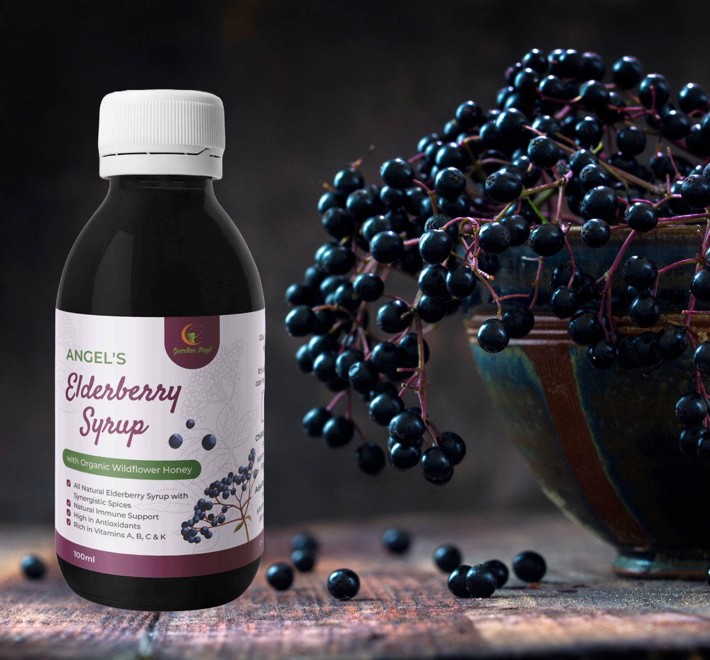 Angel's Elderberry Syrup with Organic Ingredients - Honey or Molasses(Vegan)