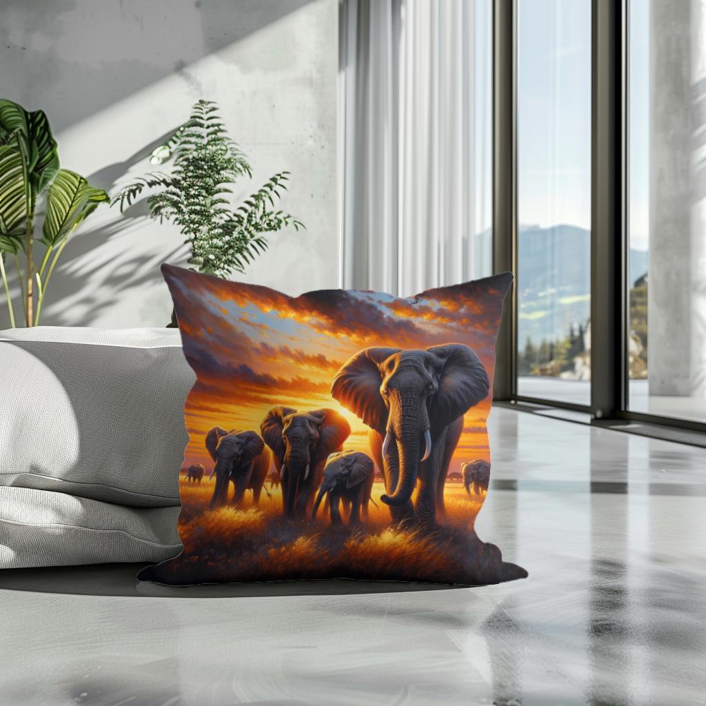 Elephant Savannah Sunset Cotton Cushion