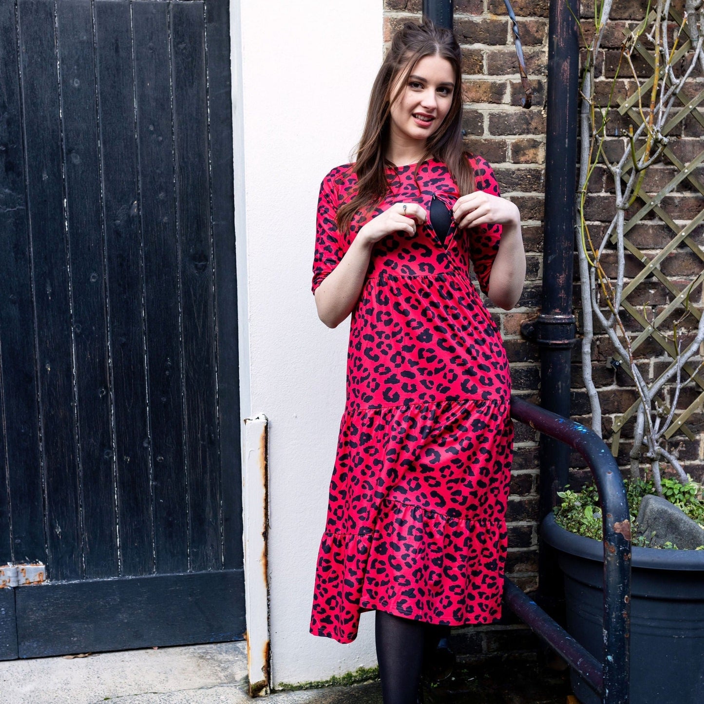 The Midi Breastfeeding Dress - Red Leopard