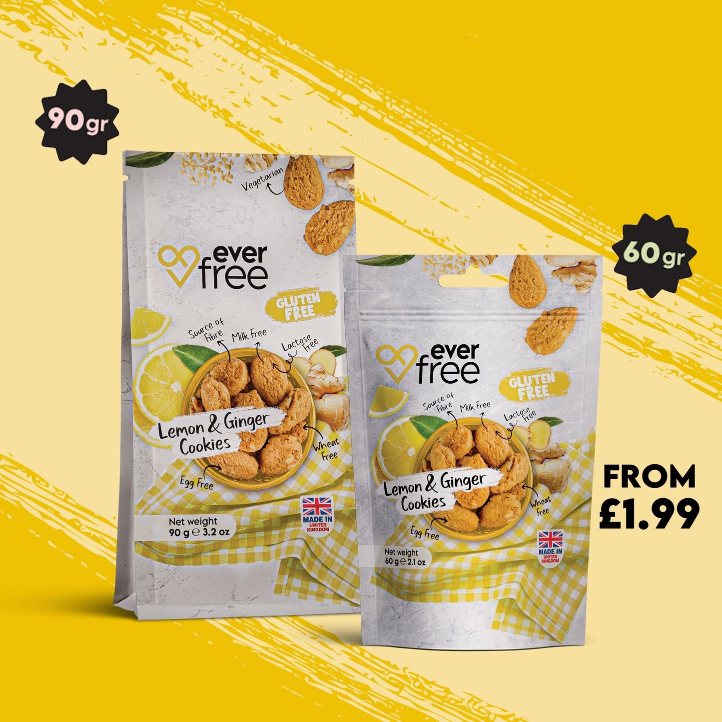 EverFree Lemon and Ginger Gluten-Free Cookies - 90g | Pack of 3