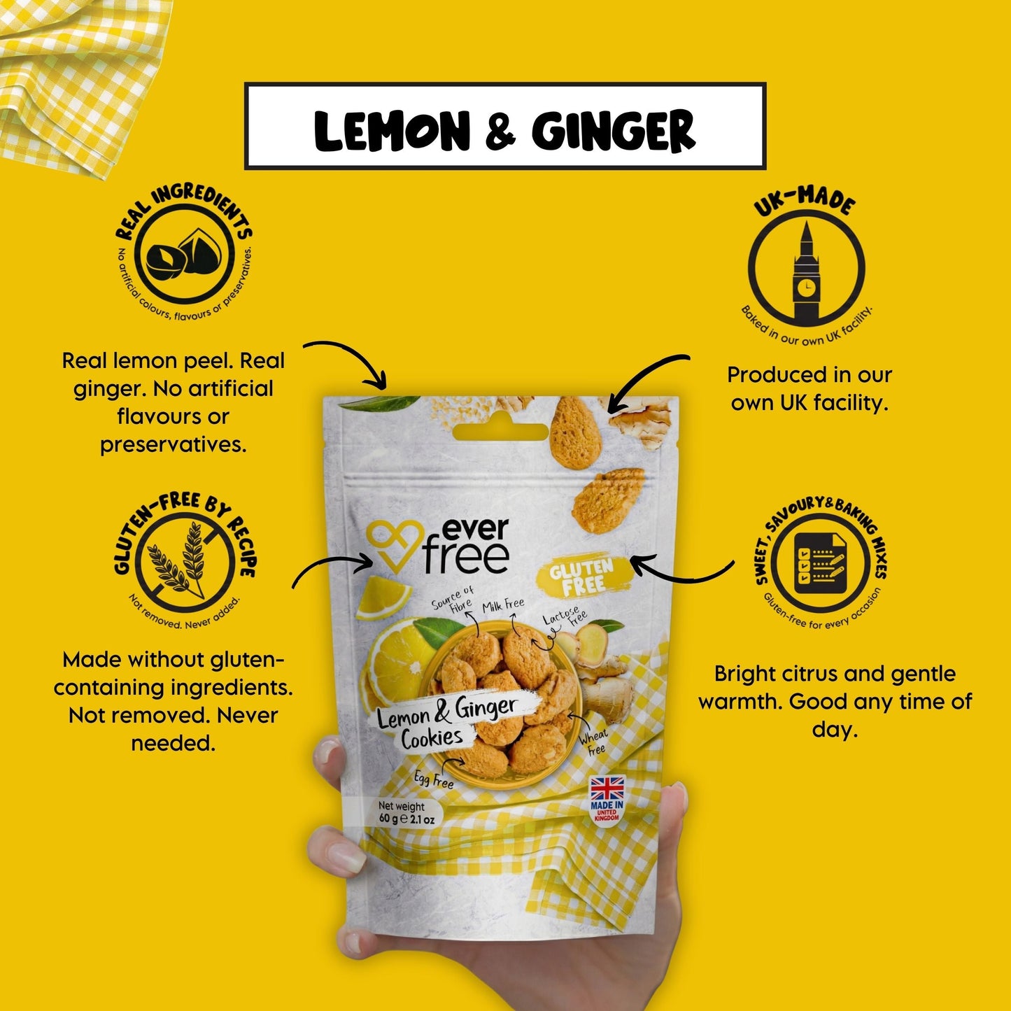 EverFree Lemon and Ginger Gluten-Free Cookies - 90g | Pack of 3