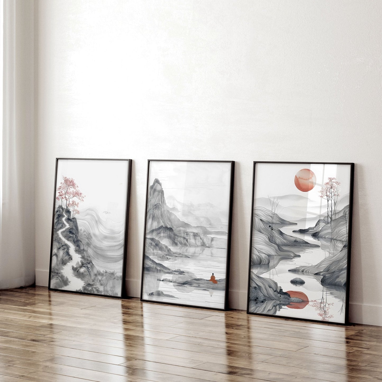 Extra Large Wall Art Framed | Set of 3 Asian Inspired Wall art Prints