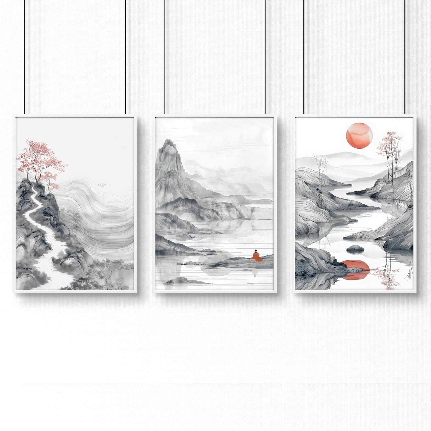 Extra Large Wall Art Framed | Set of 3 Asian Inspired Wall art Prints