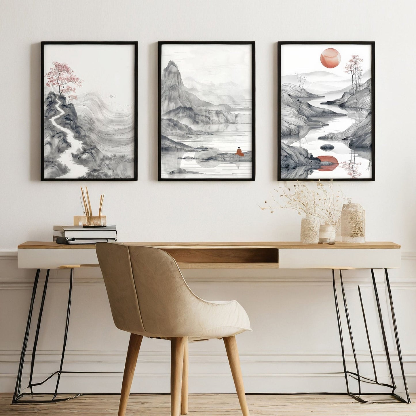 Extra Large Wall Art Framed | Set of 3 Asian Inspired Wall art Prints