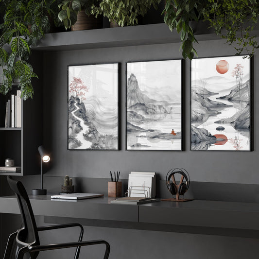 Extra Large Wall Art Framed | Set of 3 Asian Inspired Wall art Prints