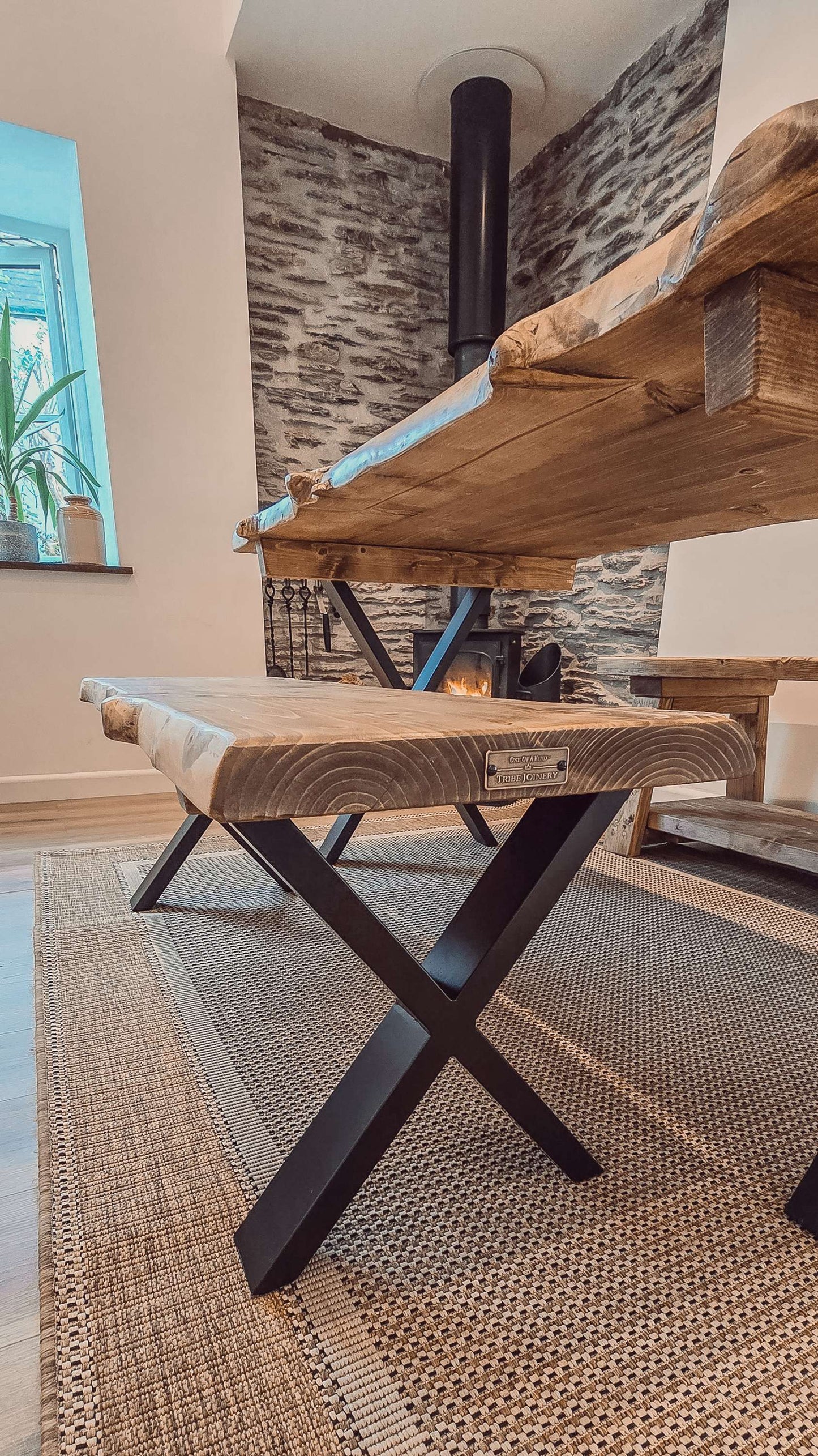 Live / Waney Edge Dining Table With X Cross Metal Legs