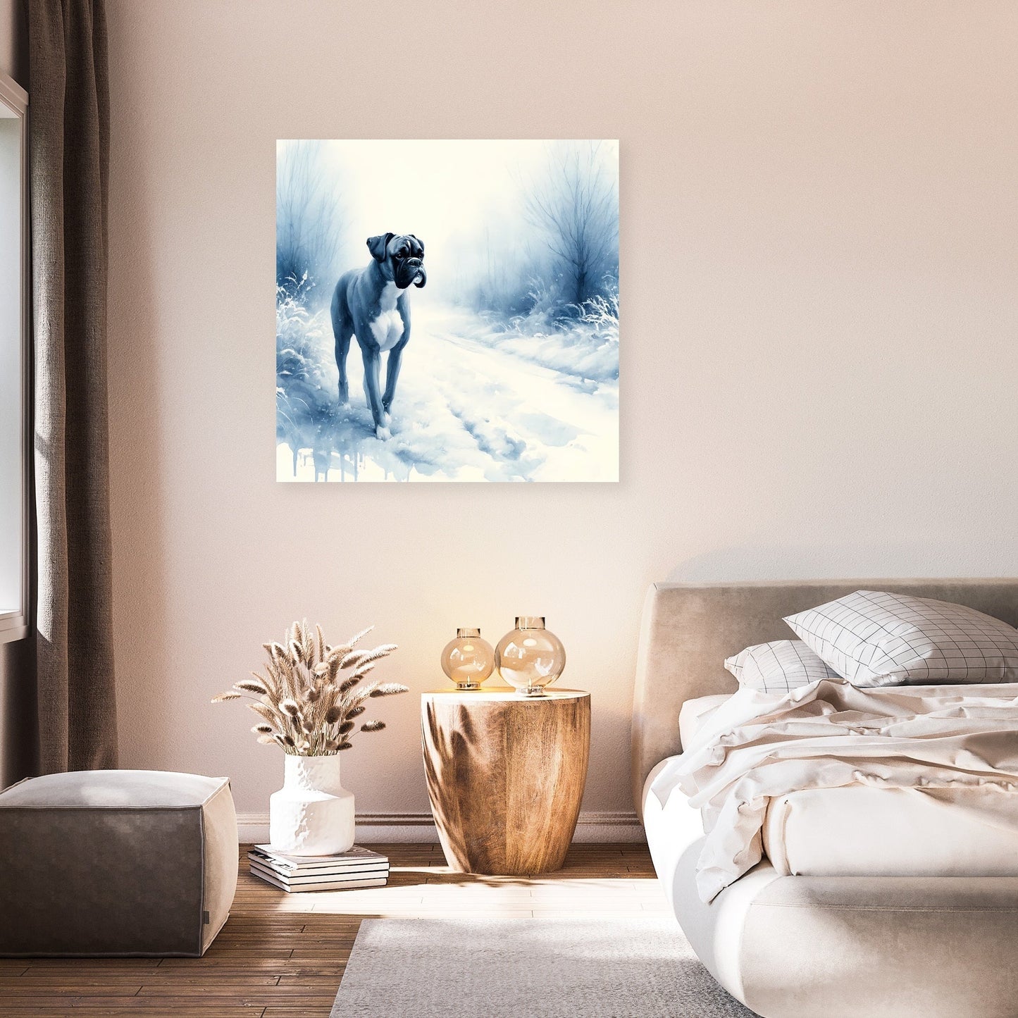 Boxer's Winter Walk Snowy Scene Canvas