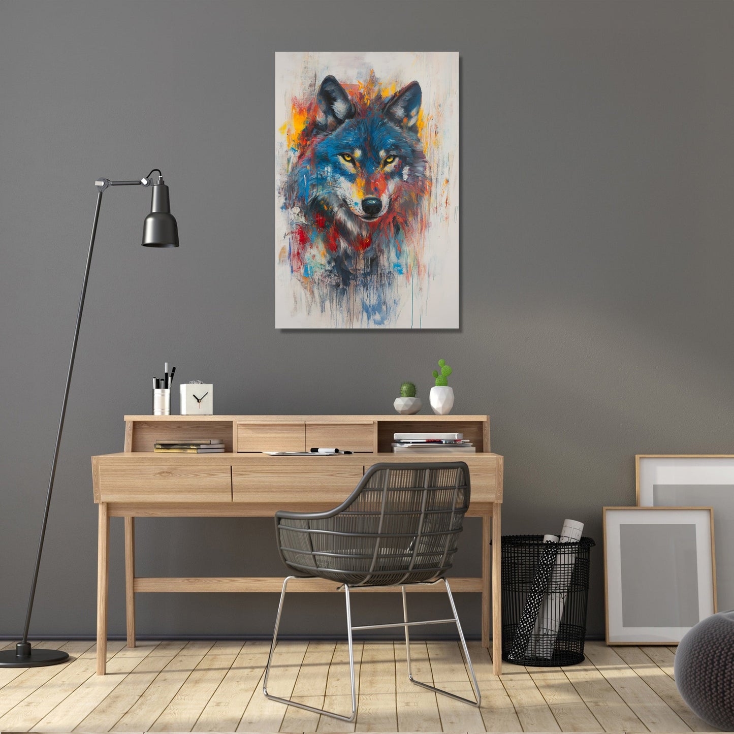 Vibrant Wolf on Grey Canvas