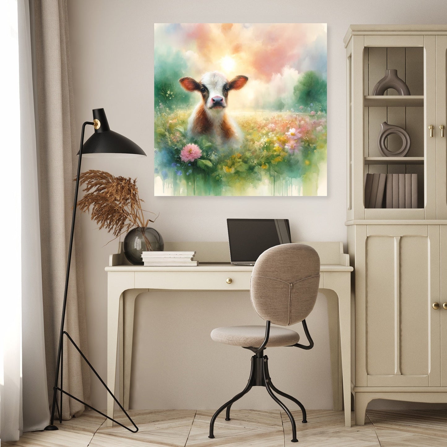 Pastel Meadow Cow Canvas