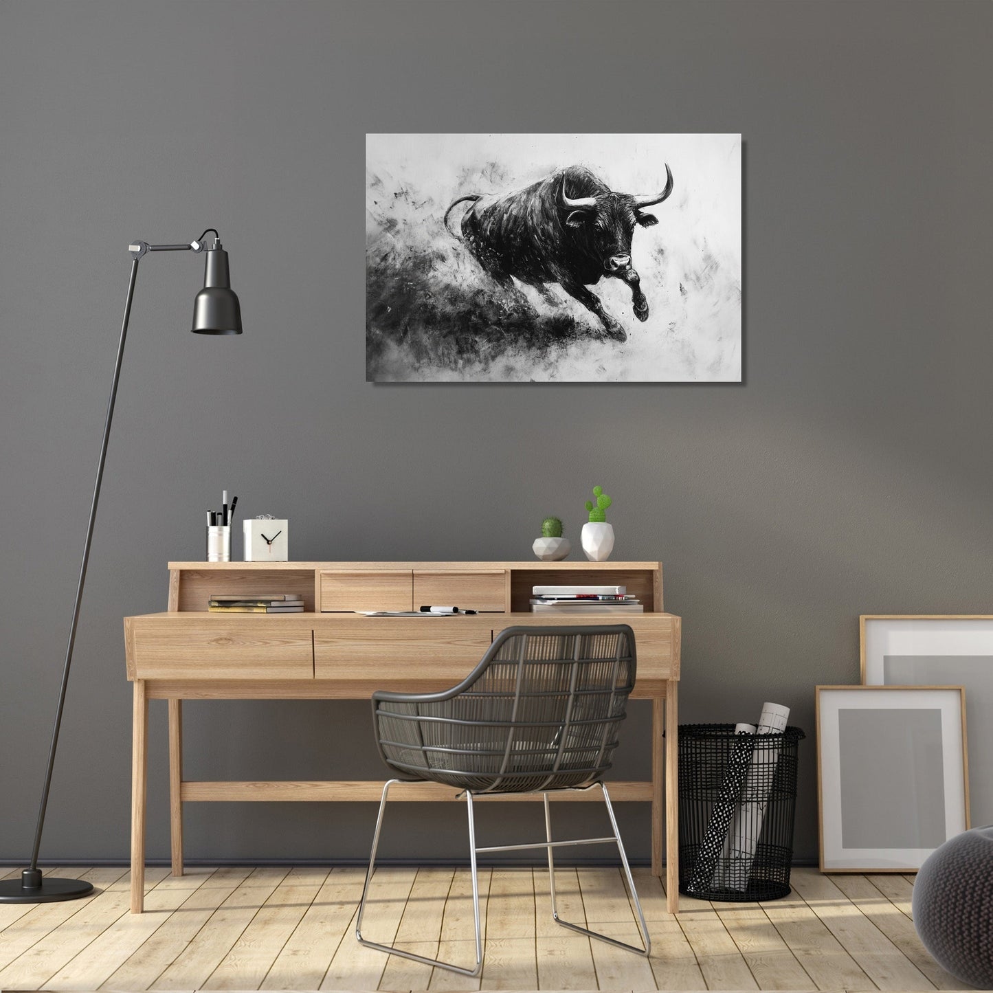 Monochrome Bull Charge Canvas