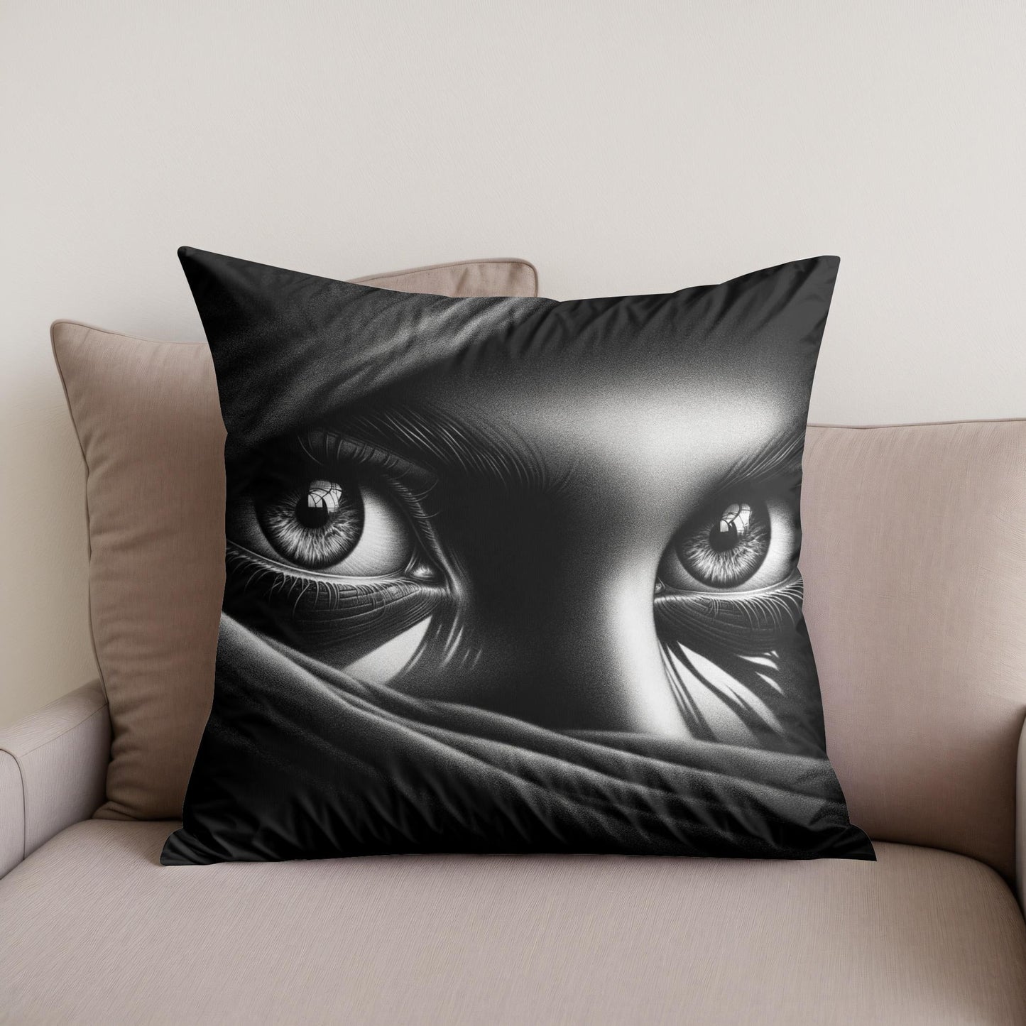 Mystery Gaze: Shadowed Eyes Cotton Cushion