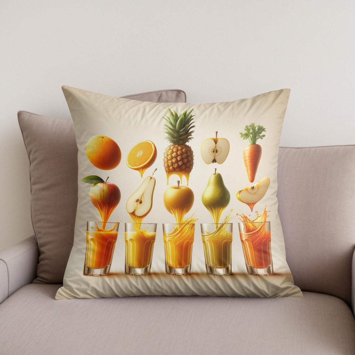 Vibrant Fruit Juice Symphony Cotton Cushion
