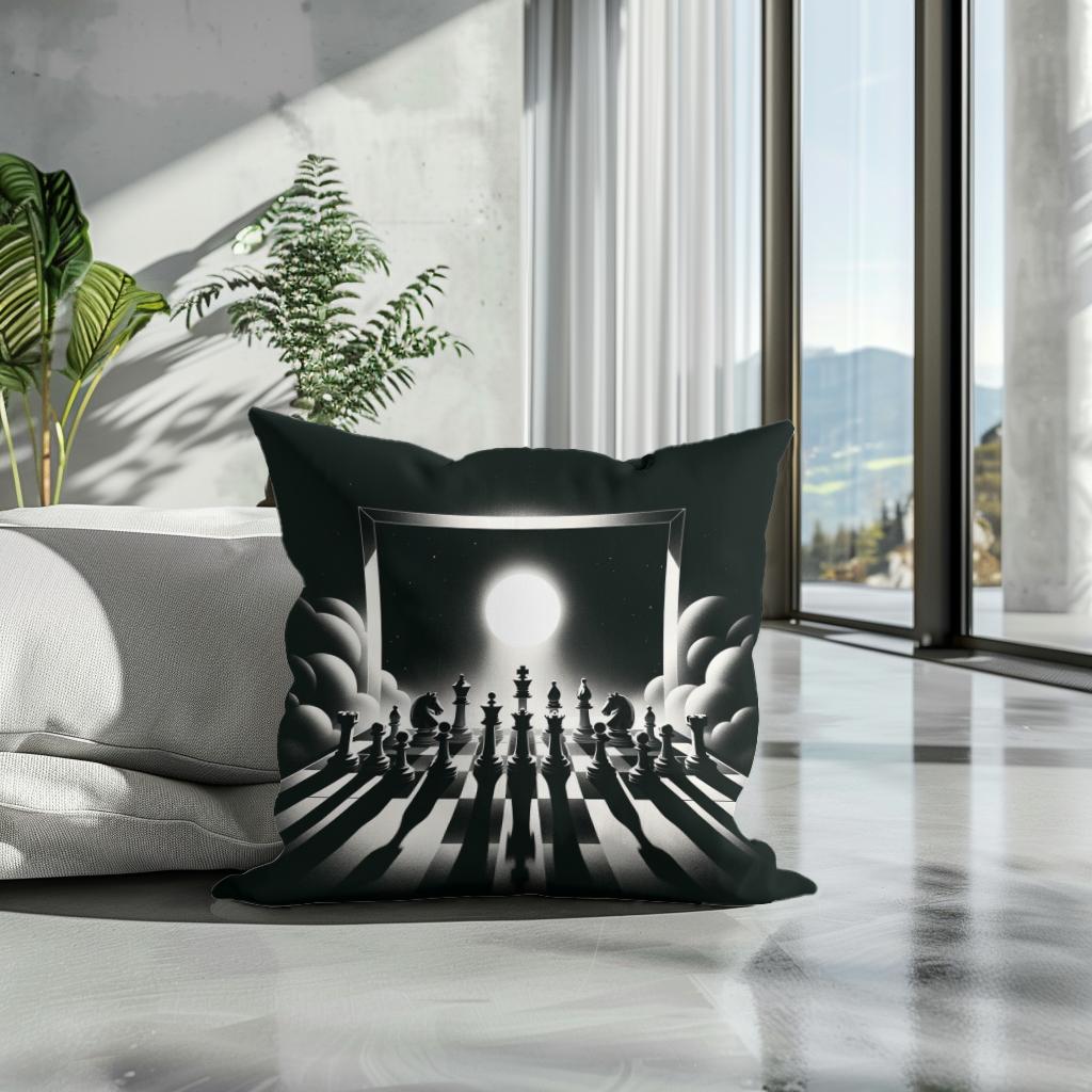 Strategic Shadows: Chessboard Cotton Cushion