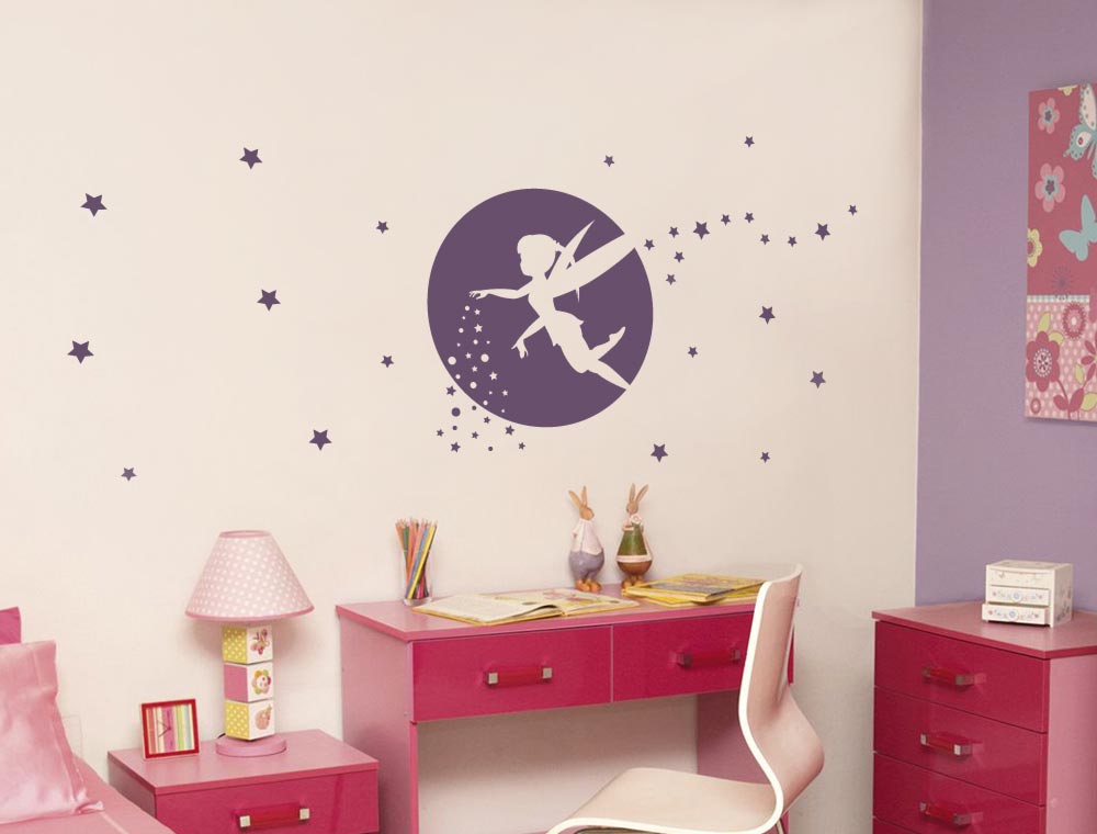 Fairy Wall Sticker Silhouette - Girls Bedroom Decor - Moon & Stars Decal
