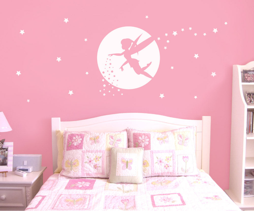 Fairy Wall Sticker Silhouette - Girls Bedroom Decor - Moon & Stars Decal