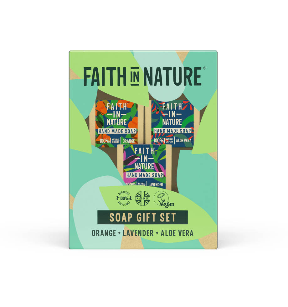 Faith In Nature Soap Stack Gift Set – Orange, Aloe Vera & Lavender 3 x 100g Natural Soaps