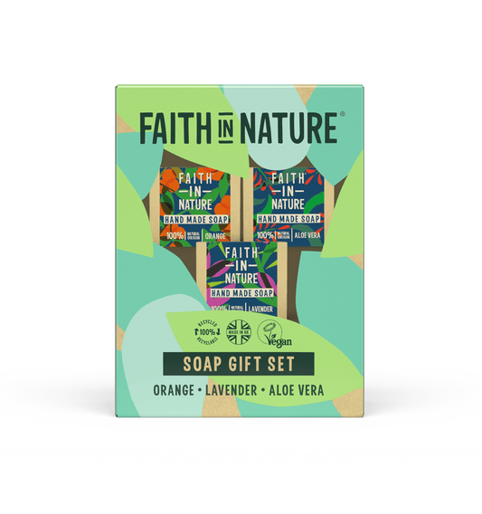 Faith In Nature Soap Stack Gift Set – Orange, Aloe Vera & Lavender 3 x 100g Natural Soaps