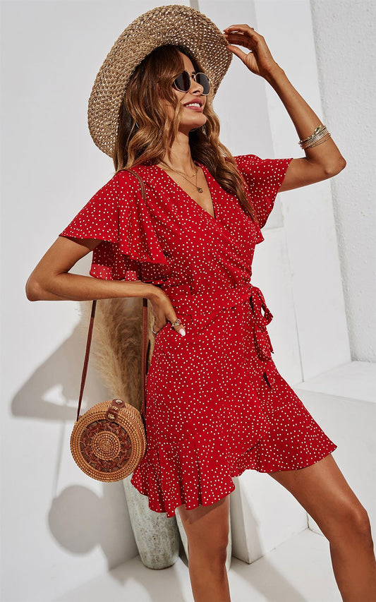 White Dot Summer Mini Wrap Dress In Red