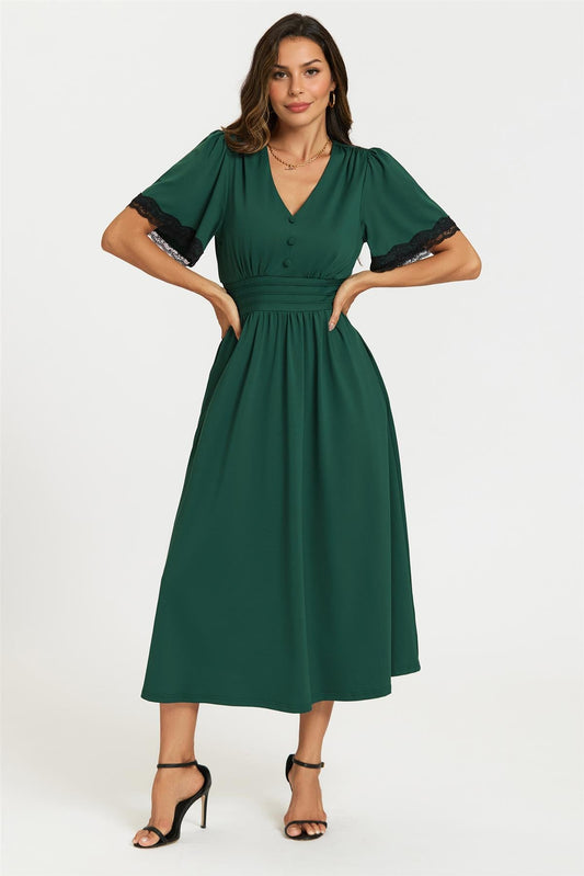 Lace Trim Jersey Midi Dress In Green