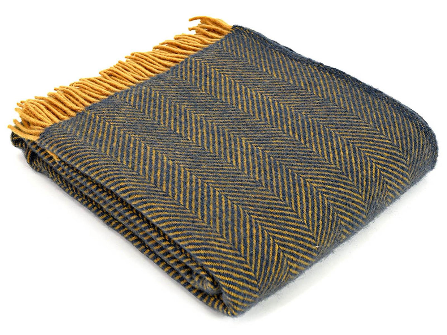 Herringbone Pure New Wool Throw - Navy/Mustard