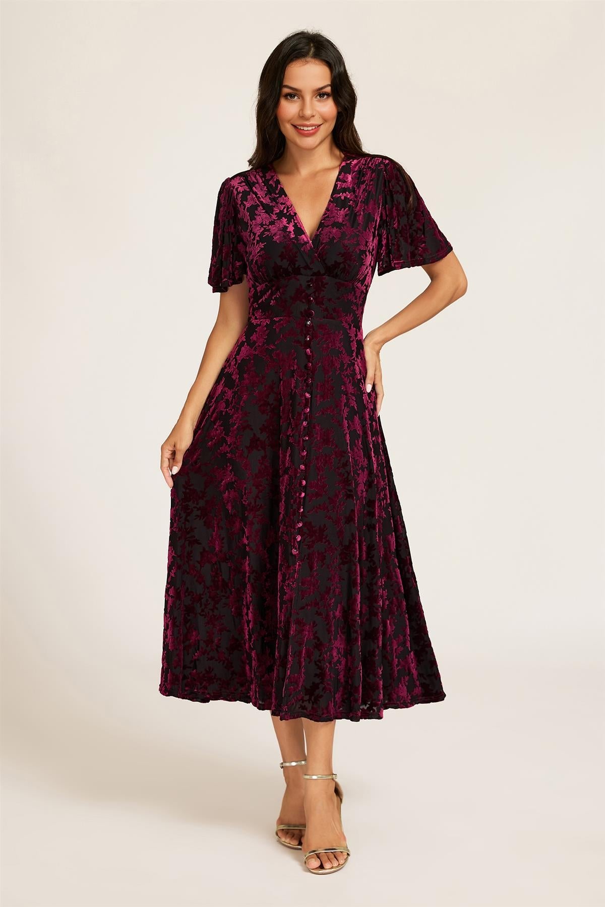 Floral Velvet Devore V neckline Dress In Wine