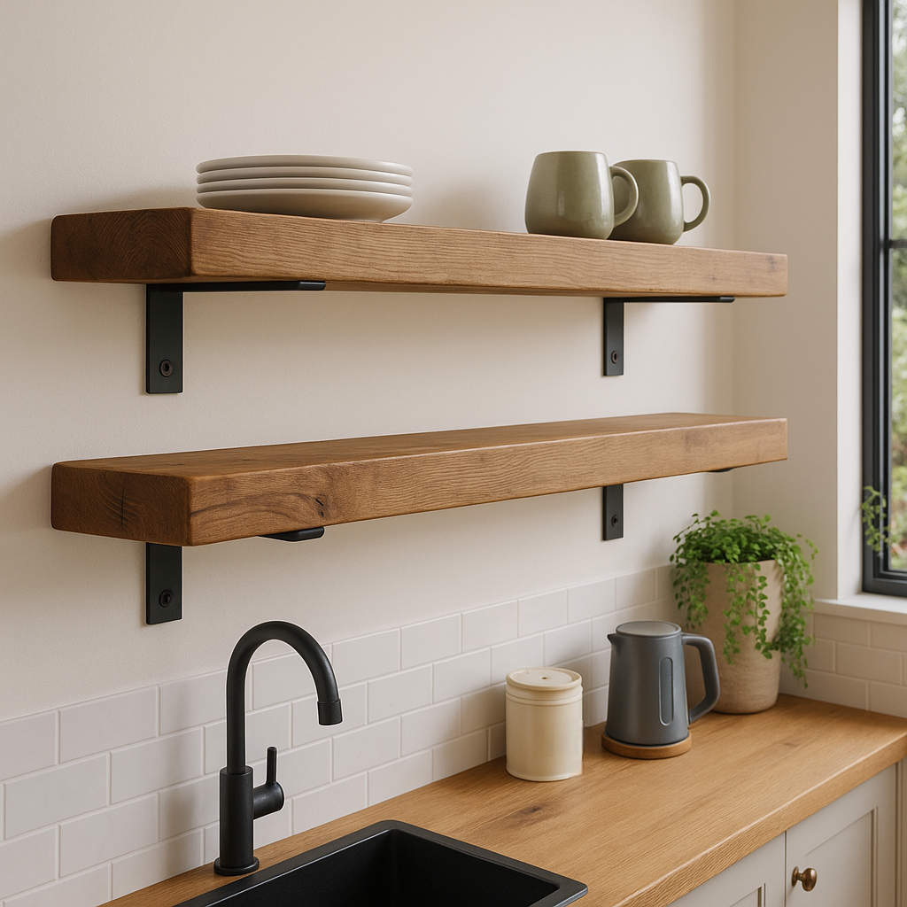 Rustic Wooden Shelf with Metal Brackets