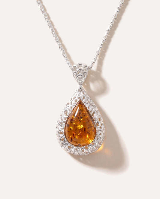 Filigree Frame Amber Teardrop Pendant