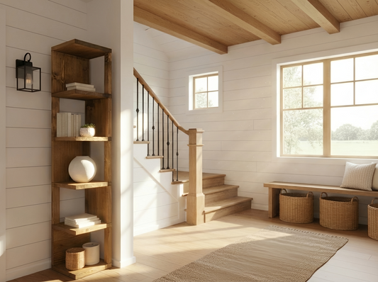 Valora Solid Wood Corner Bookshelf – Natural Finish Open Bookcase, Rustic Scandinavian Design