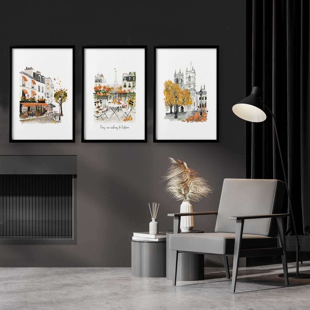 Paris Fireplace Wall Art | Autumn Eiffel Tower, Montmartre Café & Notre-Dame Watercolour Prints "Paris aux couleurs de l'automne" | Set of 3