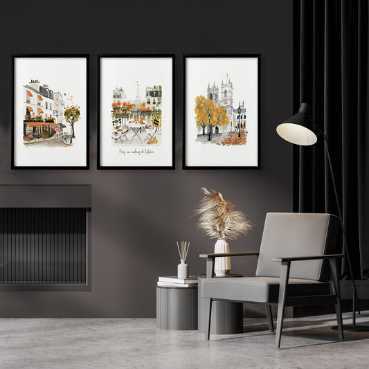 Paris Fireplace Wall Art | Autumn Eiffel Tower, Montmartre Café & Notre-Dame Watercolour Prints "Paris aux couleurs de l'automne" | Set of 3