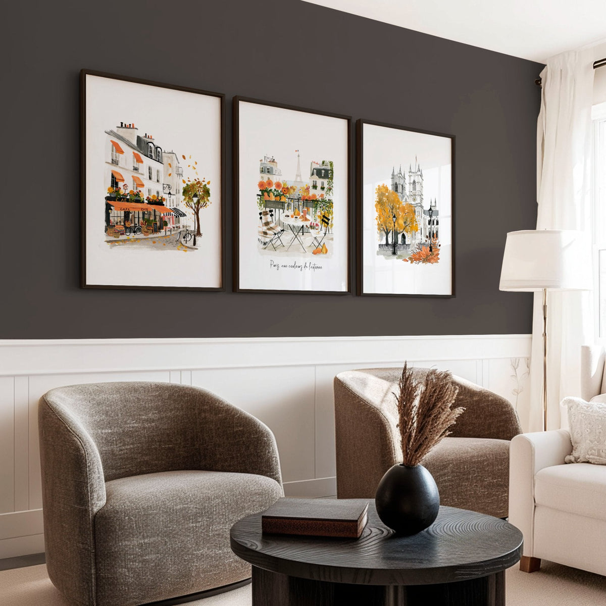 Paris Fireplace Wall Art | Autumn Eiffel Tower, Montmartre Café & Notre-Dame Watercolour Prints "Paris aux couleurs de l'automne" | Set of 3