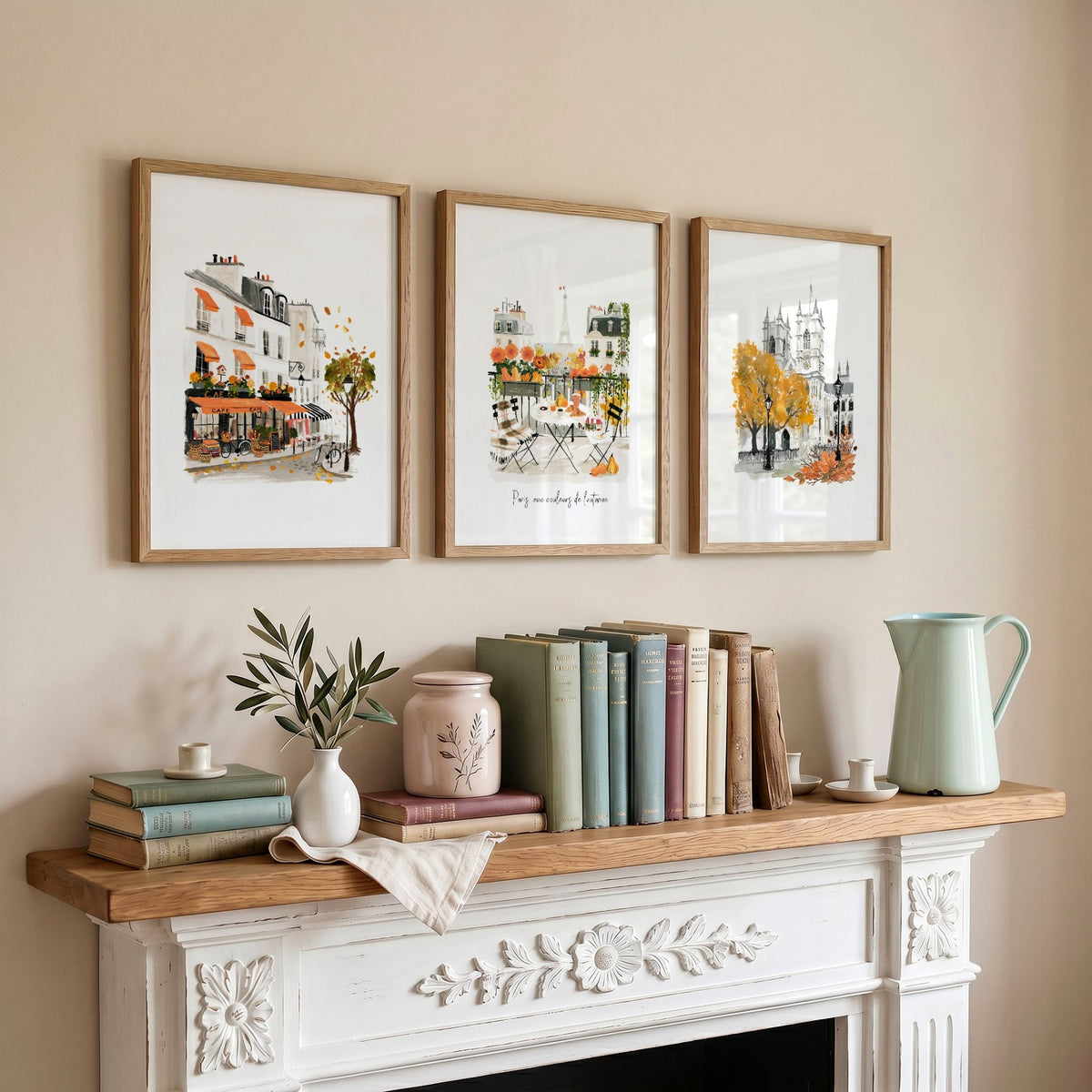 Paris Fireplace Wall Art | Autumn Eiffel Tower, Montmartre Café & Notre-Dame Watercolour Prints "Paris aux couleurs de l'automne" | Set of 3