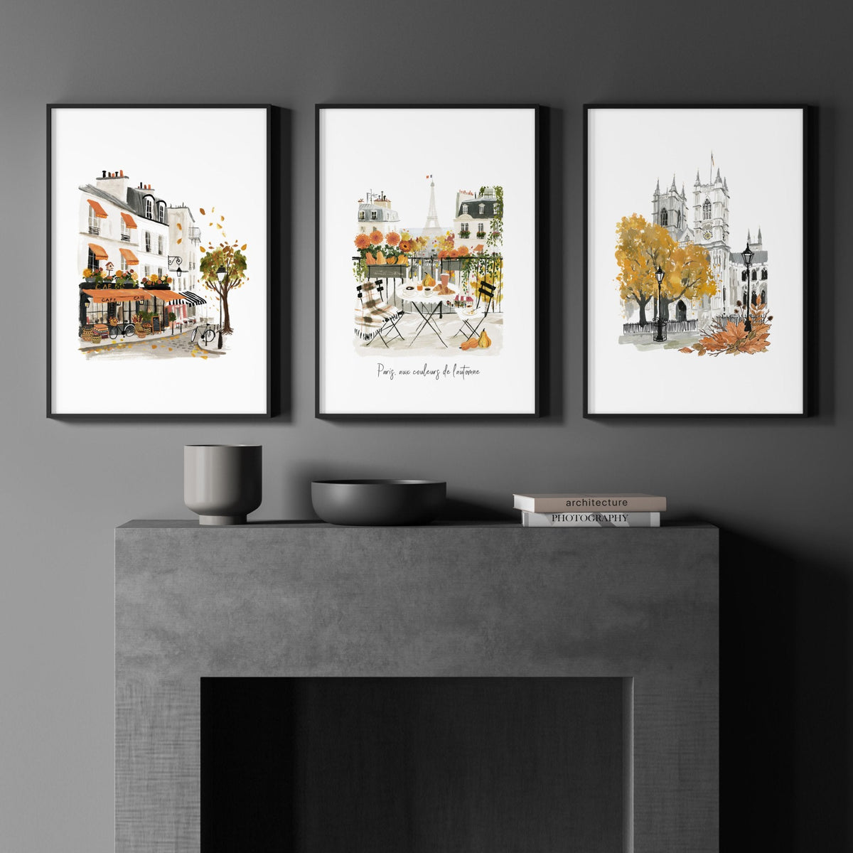 Paris Fireplace Wall Art | Autumn Eiffel Tower, Montmartre Café & Notre-Dame Watercolour Prints "Paris aux couleurs de l'automne" | Set of 3