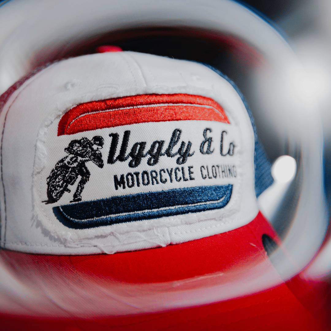 White & Red Flat Track Trucker Hat