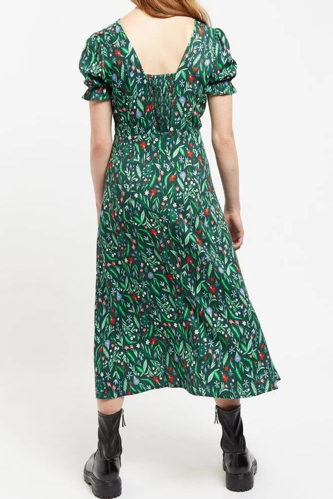 Louche Flo Folk Floral Print Puff Sleeve Midi Dress