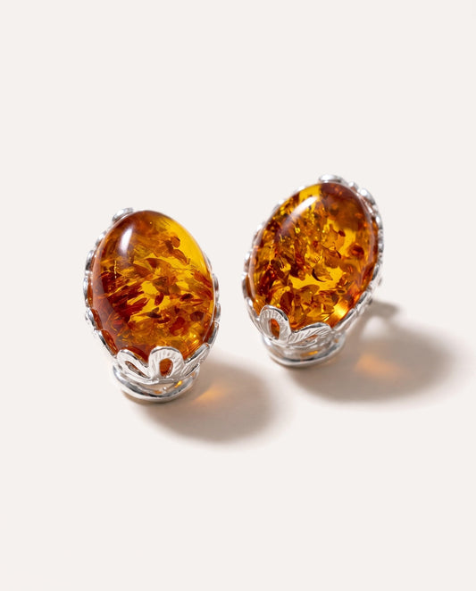 Floral Frame Oval Amber Clip On Earrings
