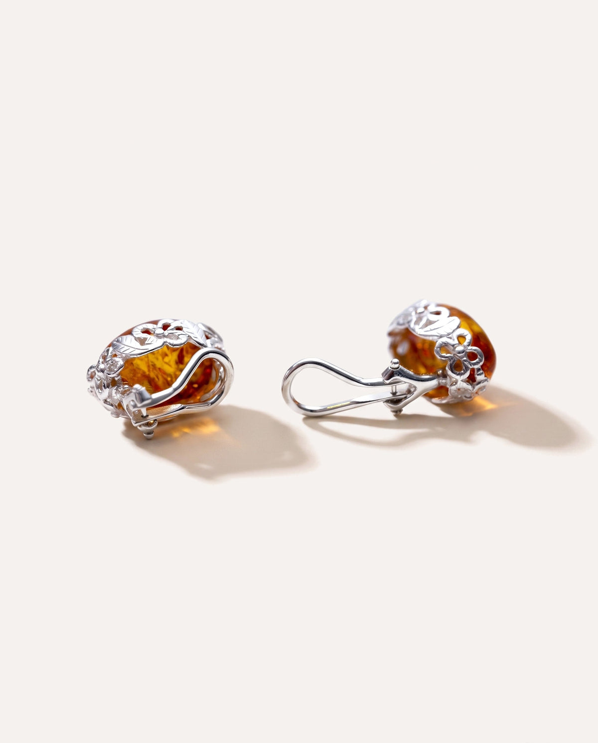 Floral Frame Oval Amber Clip On Earrings