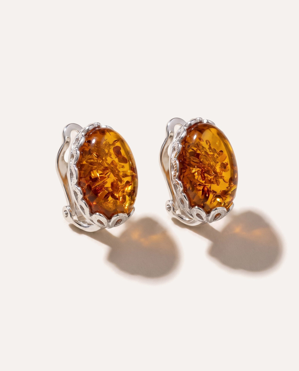 Floral Frame Oval Amber Clip On Earrings
