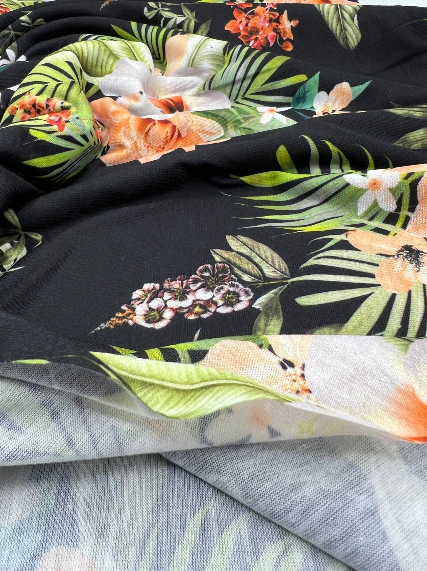 Floral Orange Print Spun Poly Stretch Fabric