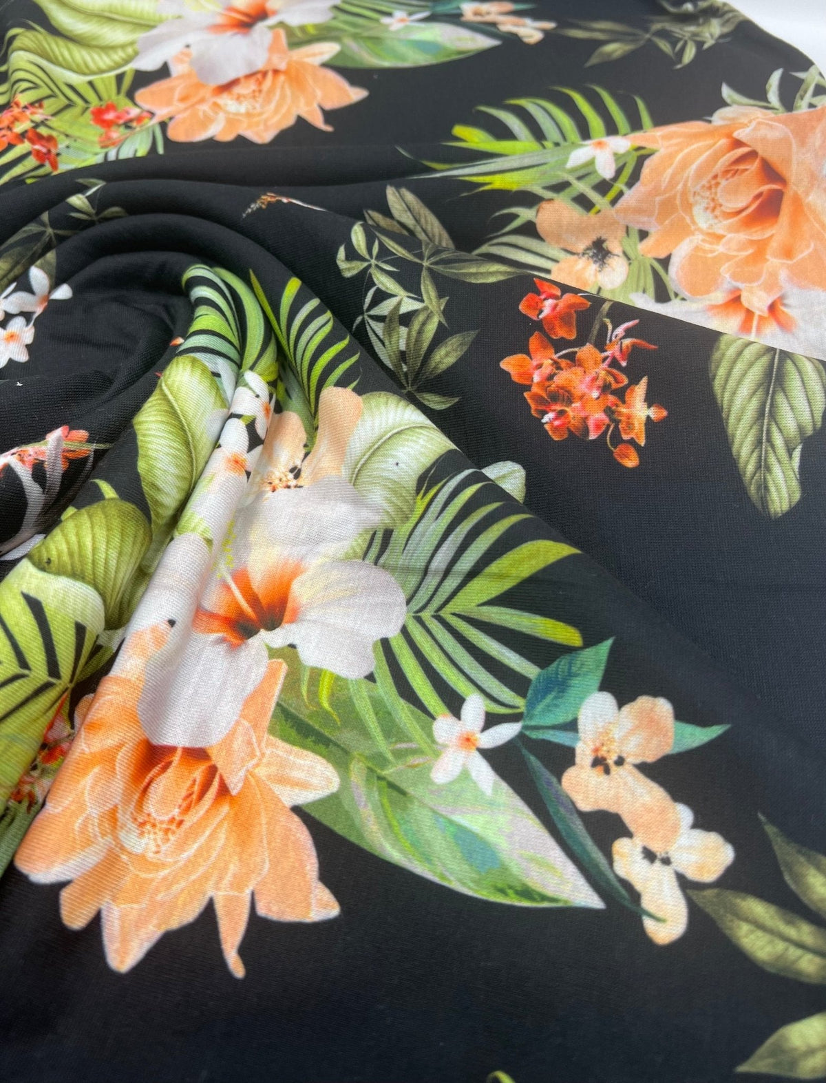 Floral Orange Print Spun Poly Stretch Fabric