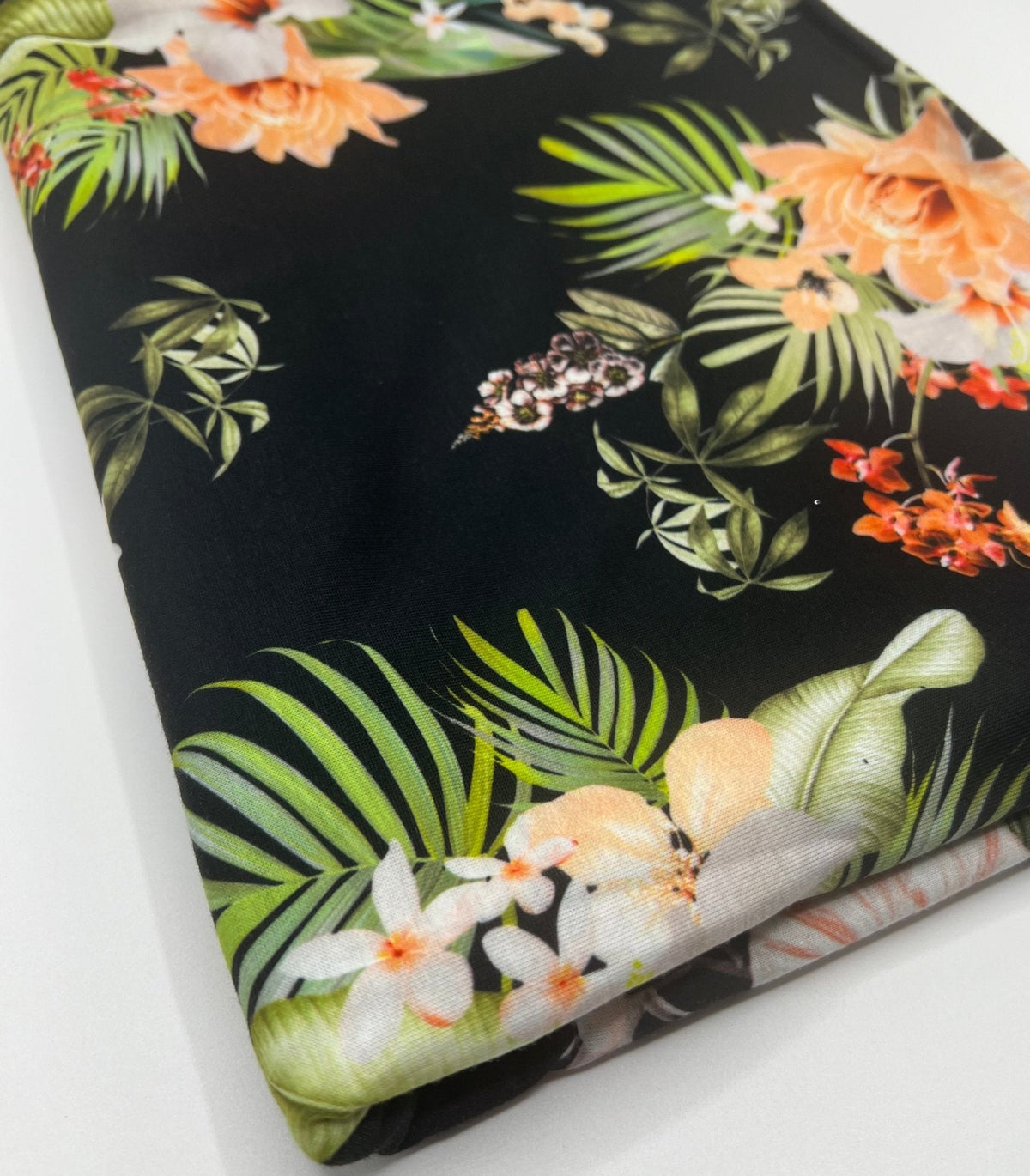 Floral Orange Print Spun Poly Stretch Fabric