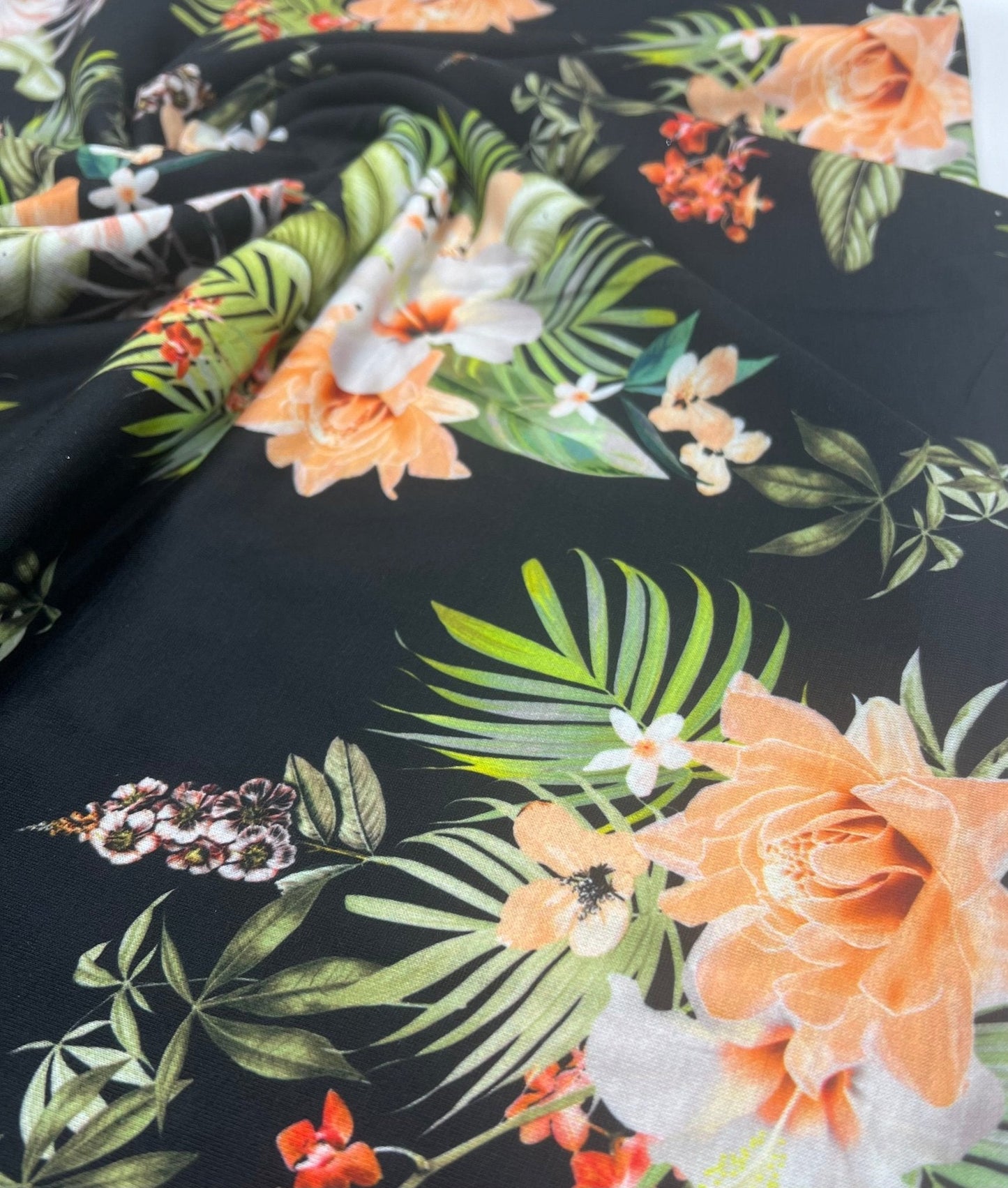 Floral Orange Print Spun Poly Stretch Fabric