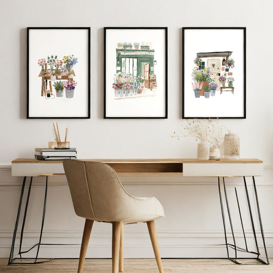 Flower Art Wall Prints | Cottage Flower Shop Illustrations in White & Green | Set of 3