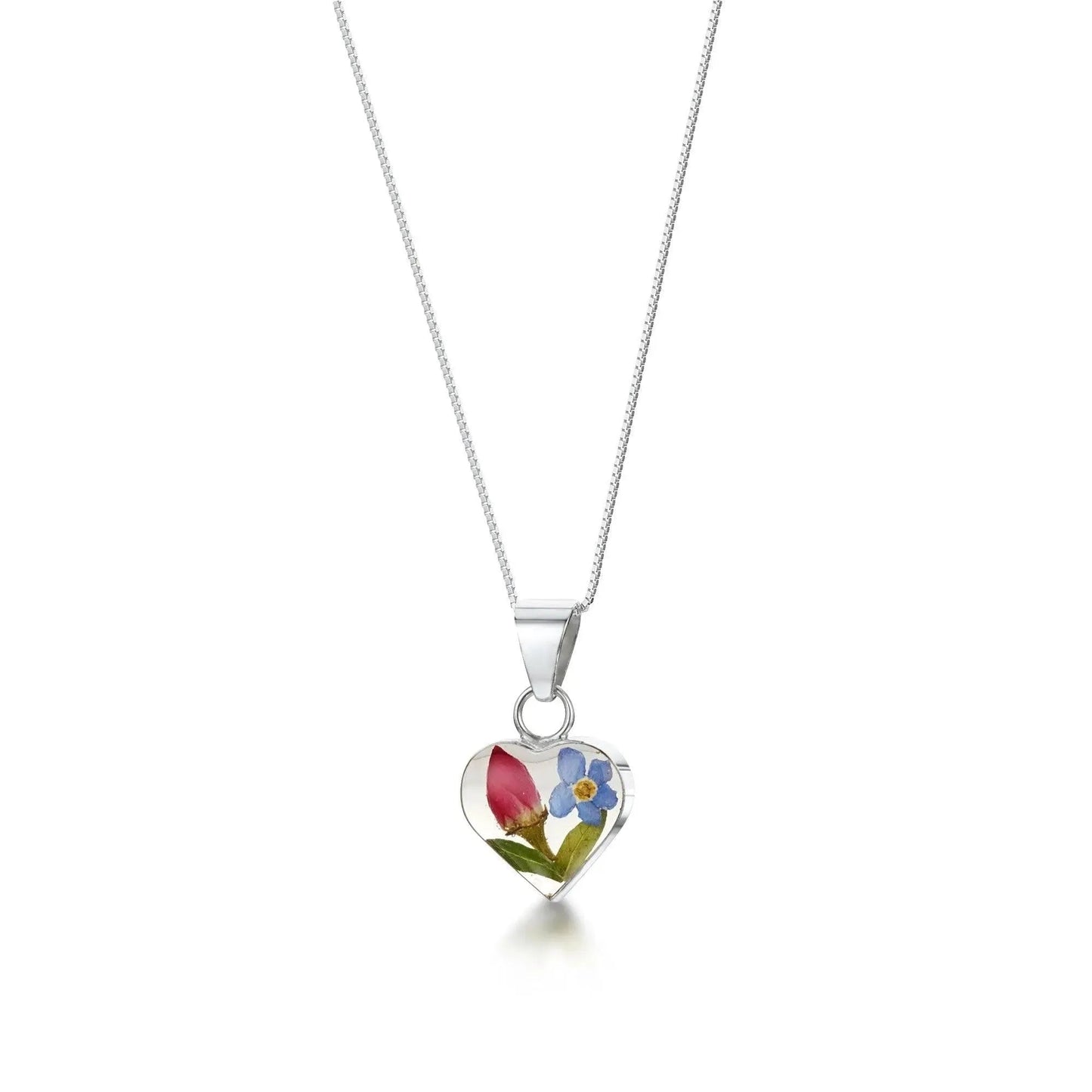 Sterling silver heart pendant with a real forget-me-not & miniature rose
