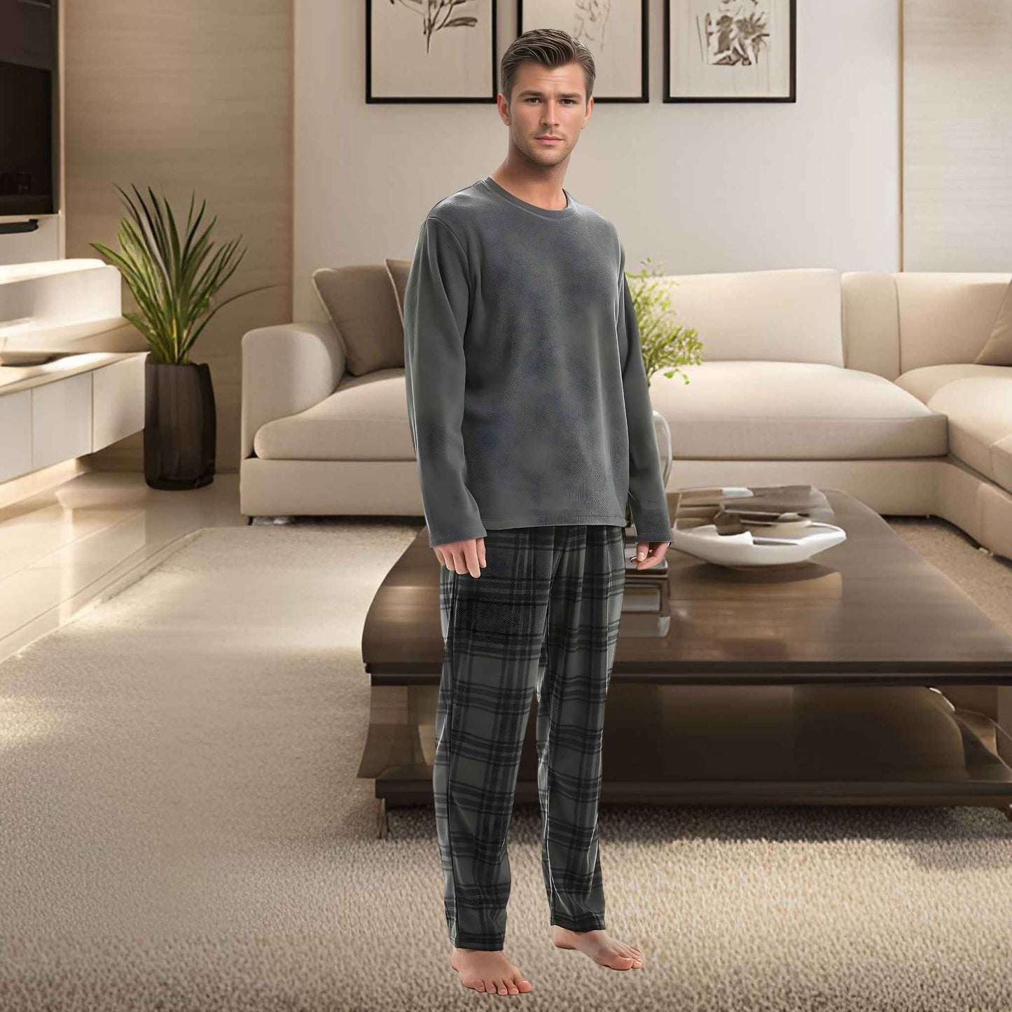 Fluffy Fleece Pajamas for Men – Grey Check Cozy Thermal Pajama Set for Ultimate Comfort