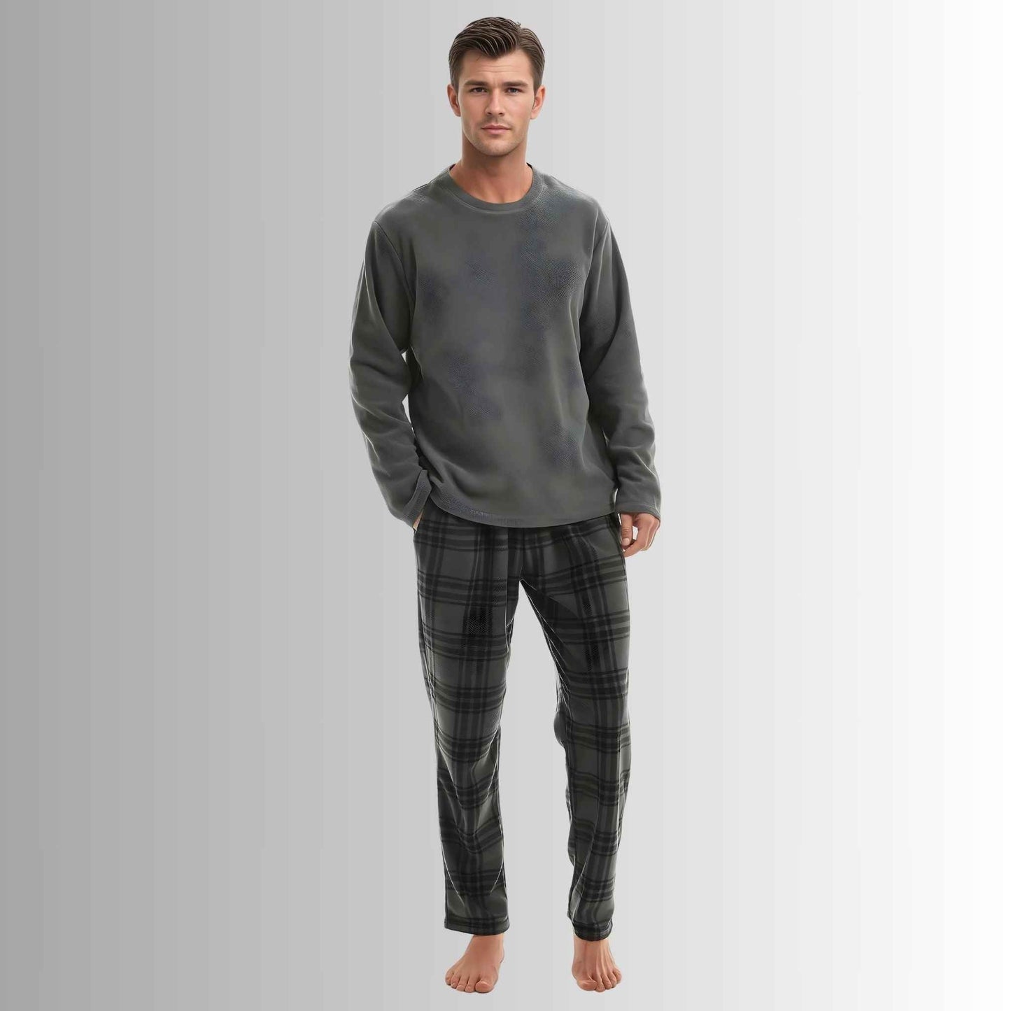 Fluffy Fleece Pajamas for Men – Grey Check Cozy Thermal Pajama Set for Ultimate Comfort