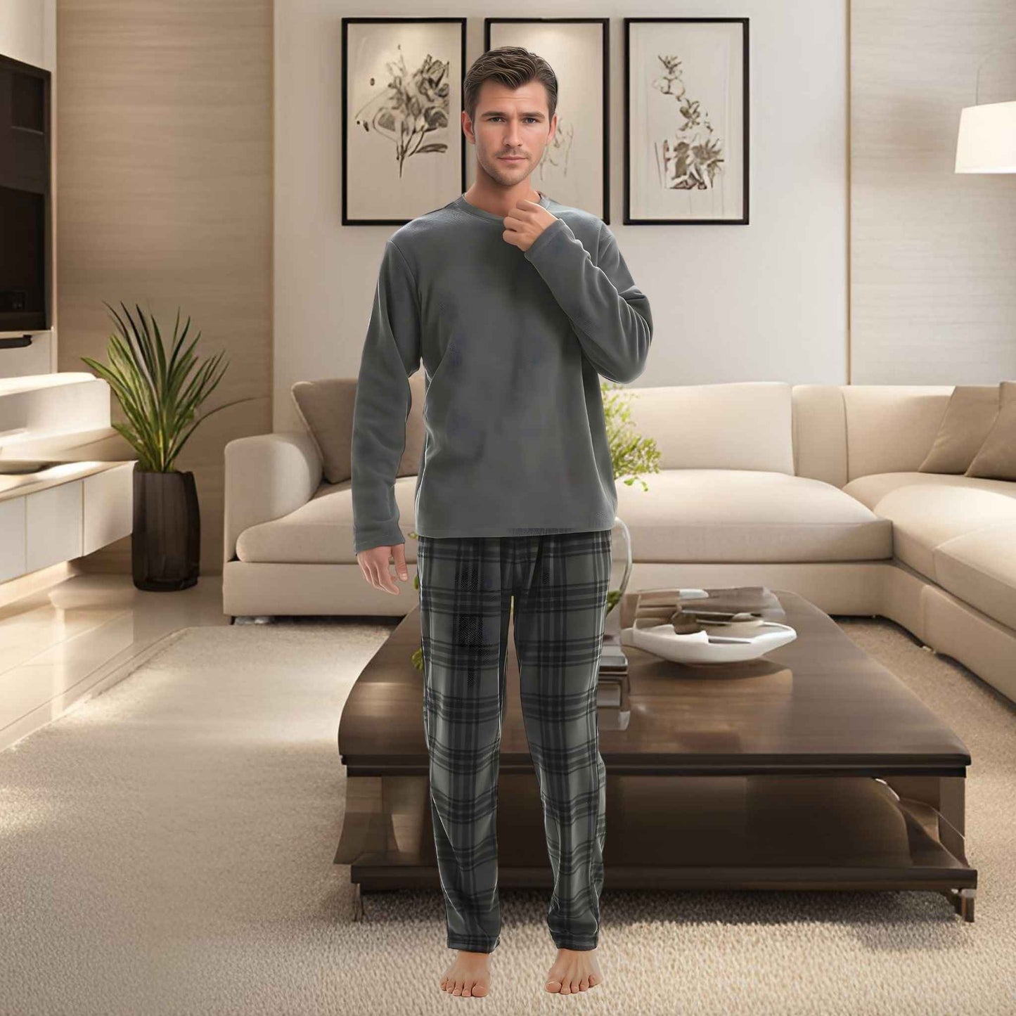 Fluffy Fleece Pajamas for Men – Grey Check Cozy Thermal Pajama Set for Ultimate Comfort