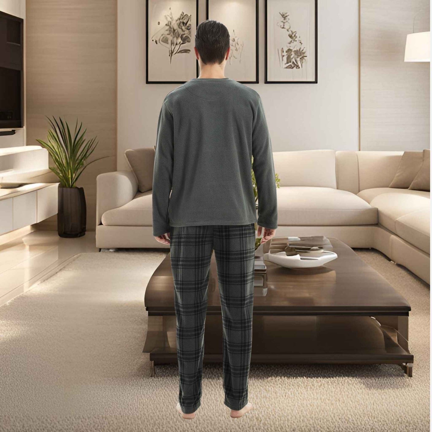 Fluffy Fleece Pajamas for Men – Grey Check Cozy Thermal Pajama Set for Ultimate Comfort