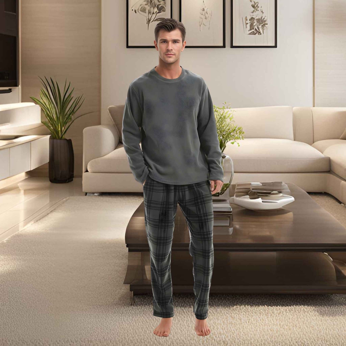Fluffy Fleece Pajamas for Men – Grey Check Cozy Thermal Pajama Set for Ultimate Comfort