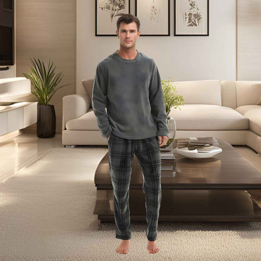 Fluffy Fleece Pajamas for Men – Grey Check Cozy Thermal Pajama Set for Ultimate Comfort